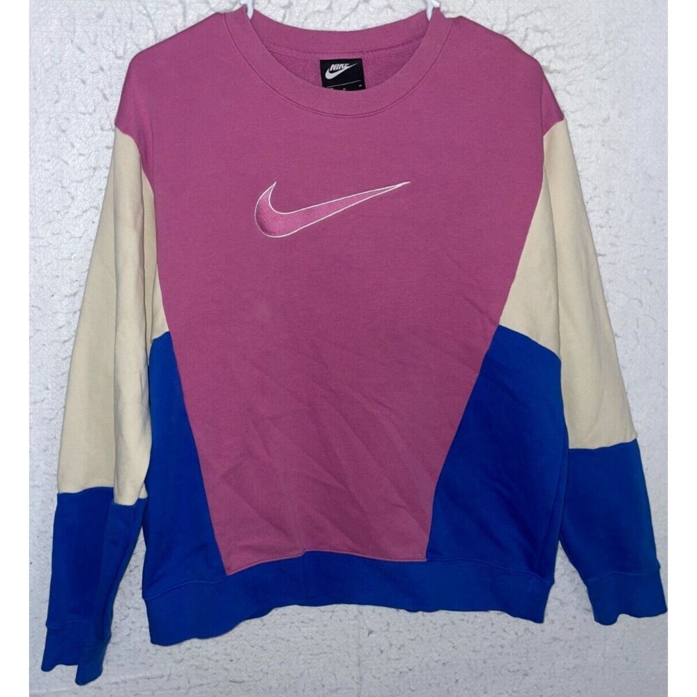 Nike Womens M Cosmic Fuchsia/Fossil/Royal Crewneck Sweatshirt Colorblock Swoosh